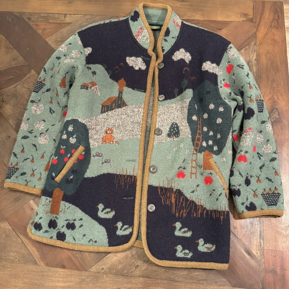 Geiger Austria Boiled Wool Landscape Cardigan Jacket Green Navy Sz 40 Tyrolean